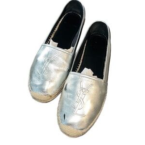 Authentic Yves St Lauren Embossed YSL Logo Leather espadrilles 39